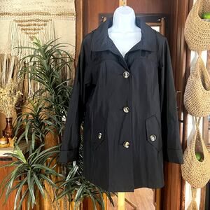 White Stag Black Raincoat L | Hooded Trench Coat Tortoise Buttons Capsule Jacket
